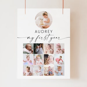 Mi tablero de primer año: plantilla de póster fotográfico del primer año imprimible del bebé, cartel minimalista de collage de fotos del primer cumpleaños, póster de mi primer año