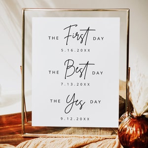Może przedstawiać: Biały znak w złotej ramie z czarnym tekstem, kt&oacute;ry brzmi "The First Day 5.16.20XX", "The Best Day 7.13.20XX" i "The Yes Day 9.12.20XX".