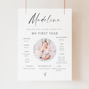 Photo First Birthday Milestone Board Template, Minimalist Miles tone Board,  Baby Milestone Board, Modern Milestone Poster, BSIG