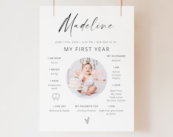 Photo First Birthday Milestone Board Template, Minimalist Miles tone Board,  Baby Milestone Board, Modern Milestone Poster, BSIG