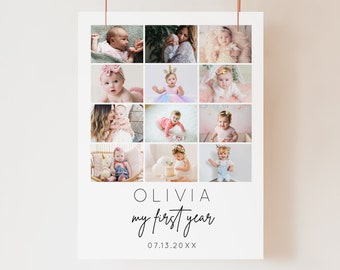 Erstes Jahr Foto-Collage Vorlage, Baby 1.Geburtstag Geschenk, Babys erstes Jahr bearbeitbare druckbare Poster Bilder Collage - Mod01