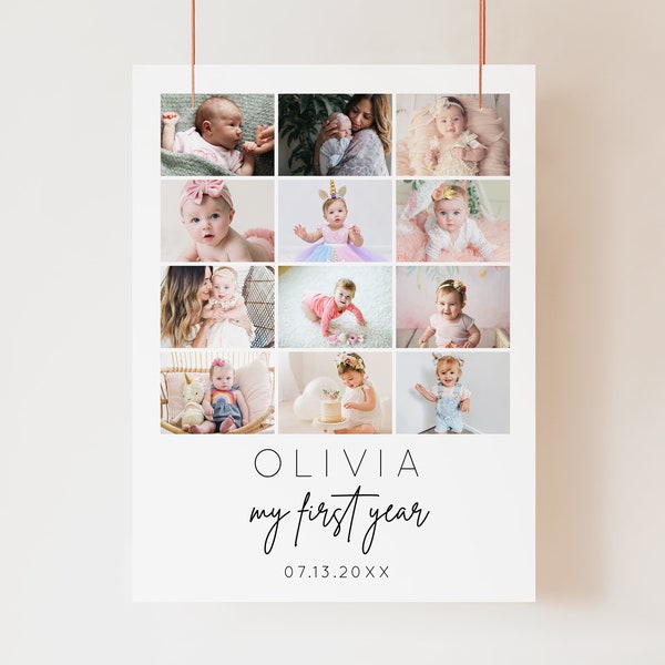 First year photo collage Template, Baby 1st Birthday gift, Babys First Year Editable Printable Poster pictures Collage - Mod01