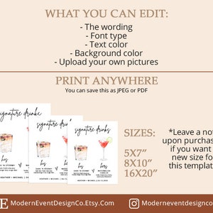 May include: Printable sign template for signature drinks with watercolor illustrations of cocktails. The sign includes the text "signature drinks" and the names of the drinks, "his", "hers", "bark in stormy", and "watermelon cooler". The sign also includes the text "Heather + Michael 05.13.2023". The sign is available in three sizes: 5x7 inches, 8x10 inches, and 16x20 inches.