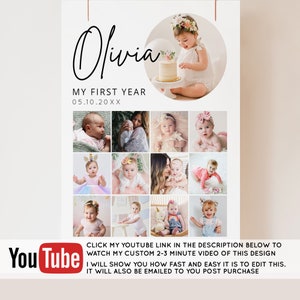 Tablero de imágenes de hitos, plantilla de póster del primer año del bebé imprimible, tablero de imágenes del año editable, tablero de fotos del primer año