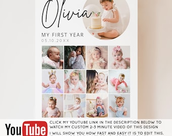 Milestone Picture Board, Printable Baby's First Year Poster Template, Editable Year In Pictures Board, first year photo board