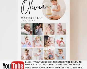 First Birthday Photo Sign Template, 1st Birthday Photo Poster, Baby's First Year Poster Printable, Modern Minimalist Birthday Instant
