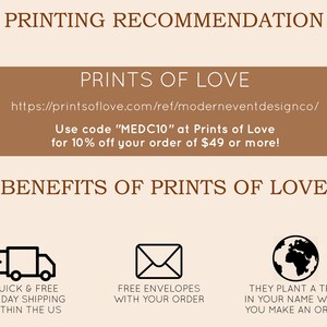May include: A brown rectangle with white text that says "PRINTING RECOMMENDATION" and "PRINTS OF LOVE". Below the text is a website address and a discount code. The text says "Use code "MEDC10" at Prints of Love for 10% off your order of $49 or more!" Below that is a brown rectangle with white text that says "BENEFITS OF PRINTS OF LOVE". Below that are three icons: a truck, an envelope, and a globe. The truck icon says "QUICK & FREE 2/3 DAY SHIPPING WITHIN THE US". The envelope icon says "FREE ENVELOPES WITH YOUR ORDER". The globe icon says "THEY PLANT A TREE IN YOUR NAME WHEN YOU MAKE AN ORDER".