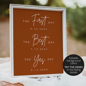 Może przedstawiać: Biały, oprawiony w ramę znak z brązowym tłem i białym tekstem. Tekst brzmi "THE First DAY 5.16.20XX THE Best DAY 7.13.20XX THE Yes DAY 9.12.20XX".