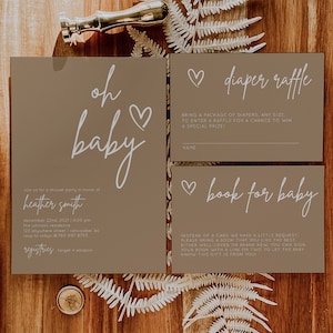 Modern Baby Shower Invitation Template Set, oh baby, Minimalist Baby Shower, Gender Neutral Baby Shower, Beige Baby Shower Invite - BSIG