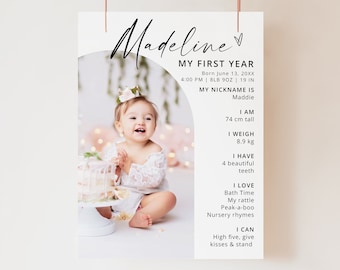 Milestone birthday sign, printable baby's first year poster template, baby 1st birthday milestone board, 1st Birthday Photo Collage