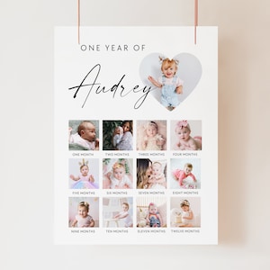 Ma première année de carte - modèle d'affiche photo imprimable pour la première année de bébé, signe minimaliste de collage de photos pour le 1er anniversaire, affiche de ma première année