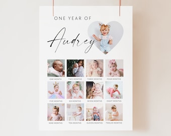 My First Year Board - Printable Baby's First Year Photo Poster Template, Minimalist 1st Birthday Photo Collage Sign, My First Year Poster