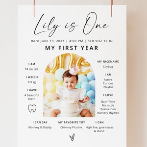 Modèle d'affiche imprimable de la première année de bébé, panneau moderne de collage de photos pour le 1er anniversaire, année en images modifiable, panneau photo 1 an