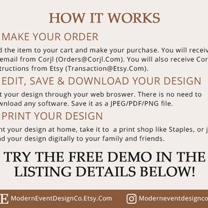 K&ouml;nnte beinhalten: So funktioniert es: Bestellen Sie, bearbeiten, speichern und laden Sie Ihr Design herunter, drucken Sie Ihr Design. Testen Sie die kostenlose Demo in den Details der Liste unten. ModernEventDesignCo.Etsy.Com Moderneventdesignco