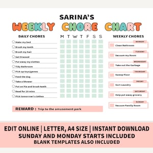 Weekly Chore Chart, Editable Responsibility Chore Chart for Kids, Kids Daily Weekly Schedule, Kid Chore List, Kids Daily Routine Checklist