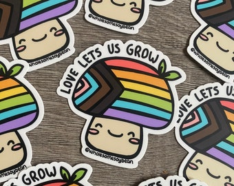 Love Lets Us Grow LGBTQ+ Progress Pride Mushroom Vinyl Sticker | Kawaii, queer pride, pride sticker, lgbtqia+ sticker