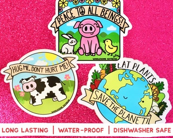 Cute Animals Vegan Sticker Pack (3 PACK) | Animal Lover Gift, Vegan gift, Earth Day Sticker, Cow Sticker, Pig Sticker, Wholesome Soybean