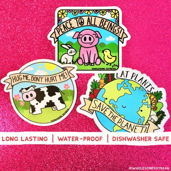 Niedliche Tiere Vegan Sticker Pack (3 PACK) | Tierliebhaber Geschenk, Veganes Geschenk, Tag der Erde Aufkleber, Kuh Aufkleber, Schwein Aufkleber, gesunde Sojabohne