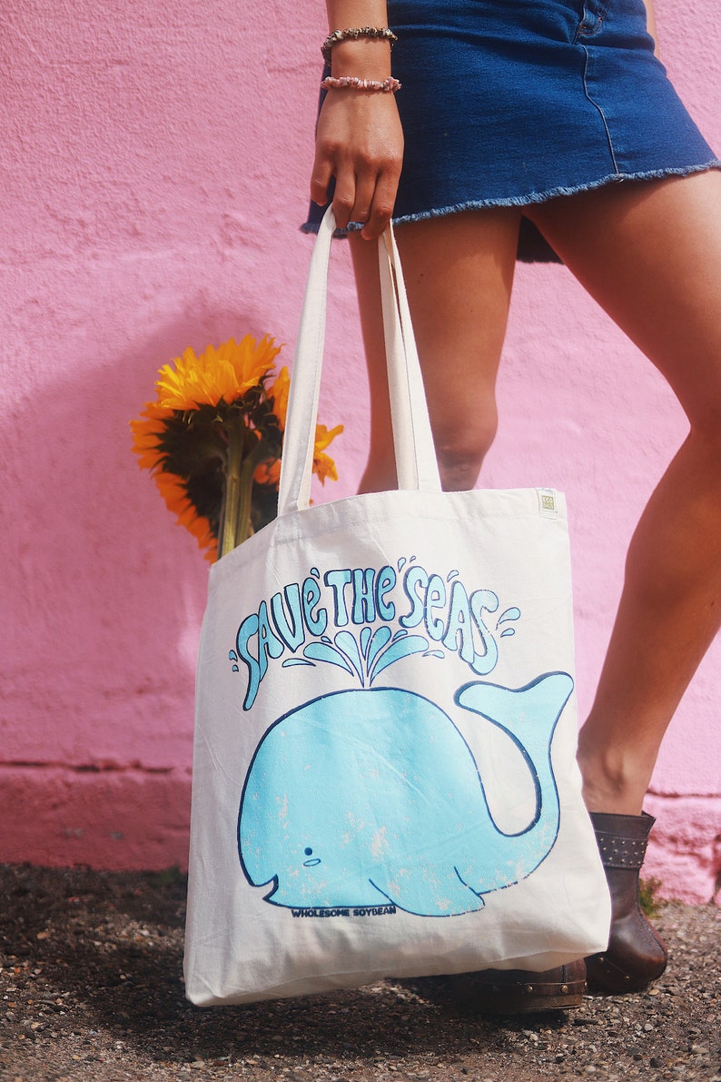 Reusable Grocery Bag Ethically Produced Wholesome Soybean Recycled Cotton -Save the Seas Earth Day Vegan Whale Tote Bag