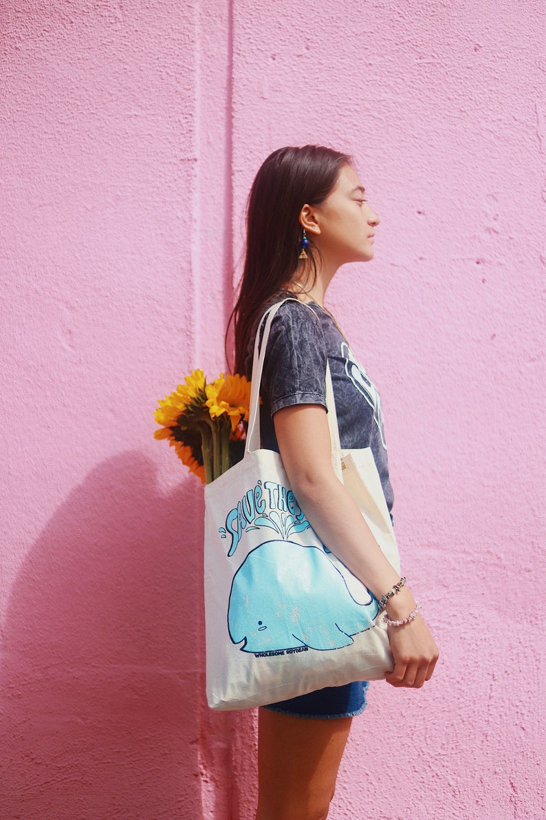 Reusable Grocery Bag Ethically Produced Wholesome Soybean Recycled Cotton -Save the Seas Earth Day Vegan Whale Tote Bag