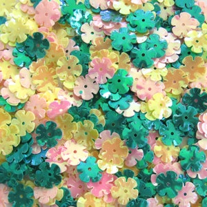 Sequins Opaque 5-Petal Flowers Glossy Pink, Yellow & Greenish Turquoise 10mm ~200 pieces (Mixed #1) Loose
