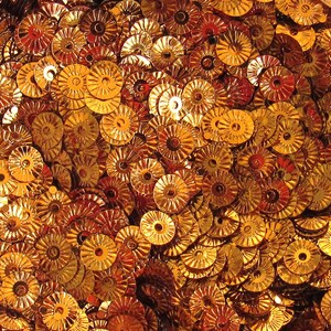 Peut inclure: Gros plan sur une pile de paillettes dorées. Chaque paillette a une forme circulaire avec un motif en forme de soleil à bords striés. Les paillettes sont éparpillées, créant une surface texturée et réfléchissante. L'effet général est celui de l'opulence et de la brillance.