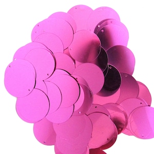 May include: A collection of shiny, round, hot pink sequins. Each sequin has a small hole near the edge. The sequins are scattered, creating a textured, reflective surface. Ideal for crafting, embellishments, or adding sparkle to projects.