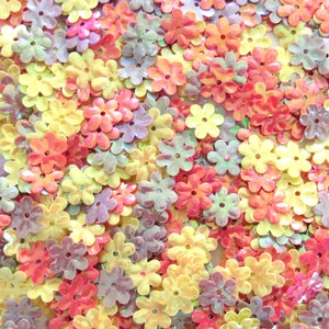 Sequins (Small) Daisies / Flowers Glossy Pink, Yellow & Lavender Iris 9mm ~200 pieces 6 Petals Loose (Mixed #2)