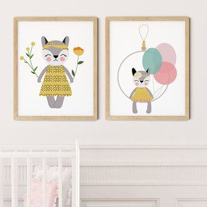 Modern Boho Cats Art Print Set | Printable Nursery Art | Cat Flowers Hoop Kids Room | Baby Room Wall | Girl Nursery Decor | Set 2 Prints
