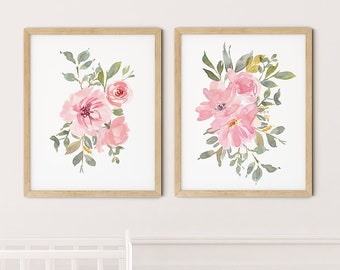 Pink Floral Art Print Set | Printable Nursery Art | Watercolor Kids Room | Baby Room Wall Art | Girl Nursery Decor | Set 2 Flower Prints