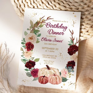 Fall Pumpkins Burgundy Floral Birthday Invitation,  Autumn Leaves Invitation, Printable Flowers Dinner Party, Editable Template for Women