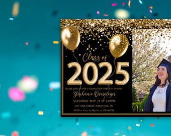 2025 年度卒業式招待状ゴールドフォト印刷可能テンプレート、グリッター編集可能、卒業式招待状編集可能、高校、大学卒業