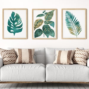 Tropical Teal Gold Art Print Set | Printable Palm Monstera Art | Art Print | Botanical Wall Art | DIY Living Room Wall Art | Set 3 Prints