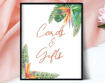 May include: A printable 8x10 inch sign with tropical leaves and a bird of paradise flower. The sign says "Cards & Gifts" in orange text.