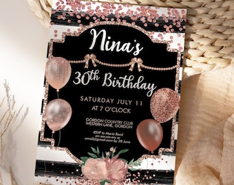 Rose Gold Birthday Balloons Invitation: Black Stripes, Glitter (Printable Template)