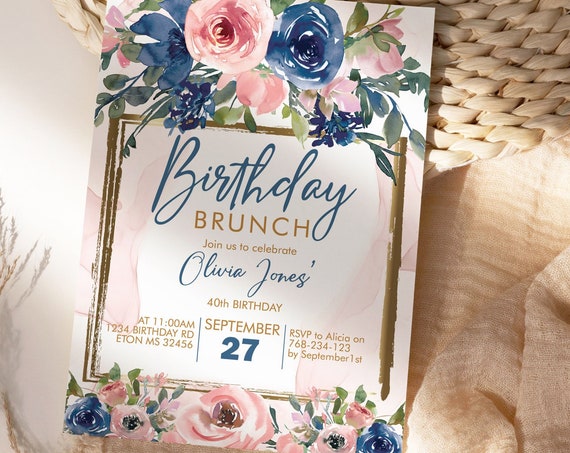 DIY Any Age Birthday Navy Blush Pink Floral Invitation Printable Template, Gold Frame Editable Flowers Brunch Lunch Party Invite for Women
