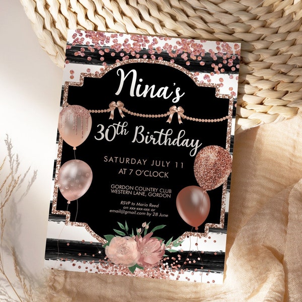 Rose Gold Birthday Balloons Invitation Printable Template, Black White Stripes Glitter Editable Birthday Party Invitation, Printable Card