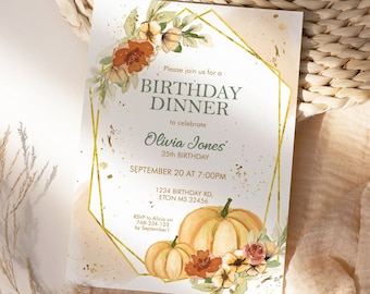 Fall Pumpkins Gold Frame Birthday Invitation,  Floral Autumn Leaves Invitation, Printable Dinner Lunch Party, Editable Template for Women