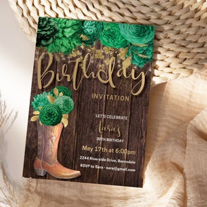 Plantilla imprimible de invitación de cumpleaños campestre con botas vaqueras florales verde esmeralda, invitación editable y brillante para fiesta en el granero para mujeres, tarjeta imprimible