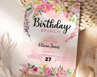 Floral Birthday Brunch Invitation Template: Pink Flowers, Editable (Digital Download)