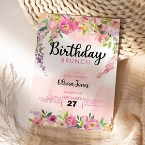 DIY Any Age Birthday Spring Bright Pink Floral Invitation Printable Template, Editable Flowers Brunch Lunch Tea Party Invite for Women