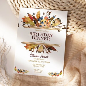 Autumn Leaves Birthday Invitation,  Fall Foliage Invitation, Printable Dinner Lunch Party, Editable Template for Women, Rust Brown Leaf