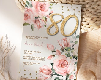 Blush Pink Floral Birthday Invitation | Gold Glitter Number Invite | Editable Template | Printable 5x7