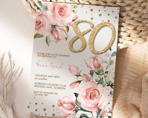 Any Age 50th 60th 70th 80th 90th 100th Birthday Blush Gold Glitter Number Floral Invitation Template, Pink Rose Editable Party Invite Women