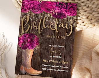 Country Birthday Hot Pink Floral Cowgirl Boot Invitation Printable Template, Magenta Editable Barn Party Invite for Women, Printable Card