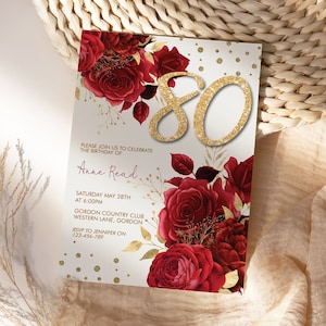 Any Age 50th 60th 70th 80th 90th 100th Birthday Red Gold Glitter Number Floral Invitation Template, Scarlet Editable Party Invite Women