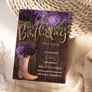 Plantilla imprimible de invitación de cumpleaños campestre con botas vaqueras y rosas moradas, invitación editable con flores de lavanda para fiesta en el granero para mujeres, tarjeta imprimible