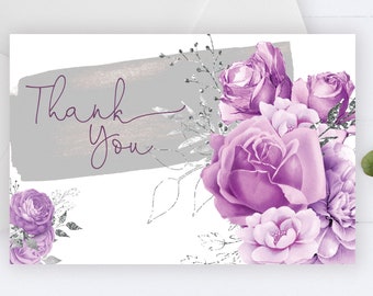 Lilac Roses Thank You Card , Purple Flowers, Lavender Thank You, Printable Thank You Card, Purple Roses