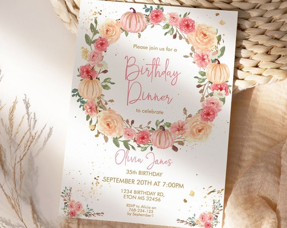 Fall Pumpkins Pink Peach Floral Birthday Invitation,  Autumn Leaves Invitation, Printable Flowers Dinner Party, Editable Template for Women