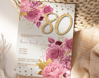 Any Age 50th 60th 70th 80th 90th 100th Birthday Pink Gold Glitter Number Floral Invitation Template, Eighty Editable Party Invite Women